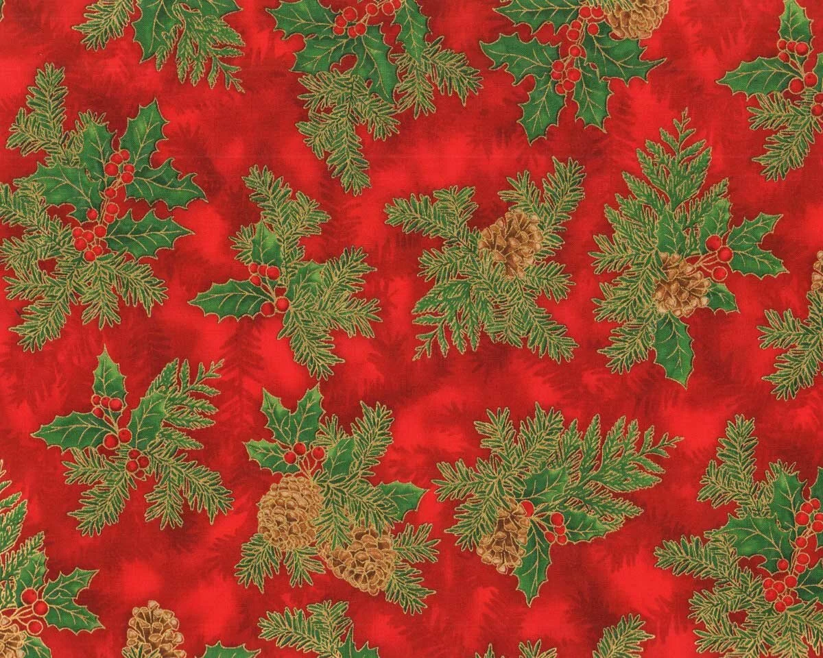Metallic-Patchworkstoff HOLIDAY FLOURISH, Zapfen-Gesteck, rot-gold, Robert Kaufman