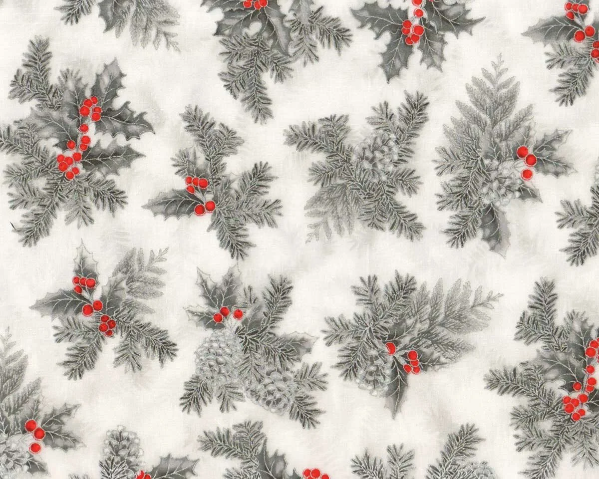 Metallic-Patchworkstoff HOLIDAY FLOURISH, Zapfen-Gesteck, weiß-silber, Robert Kaufman