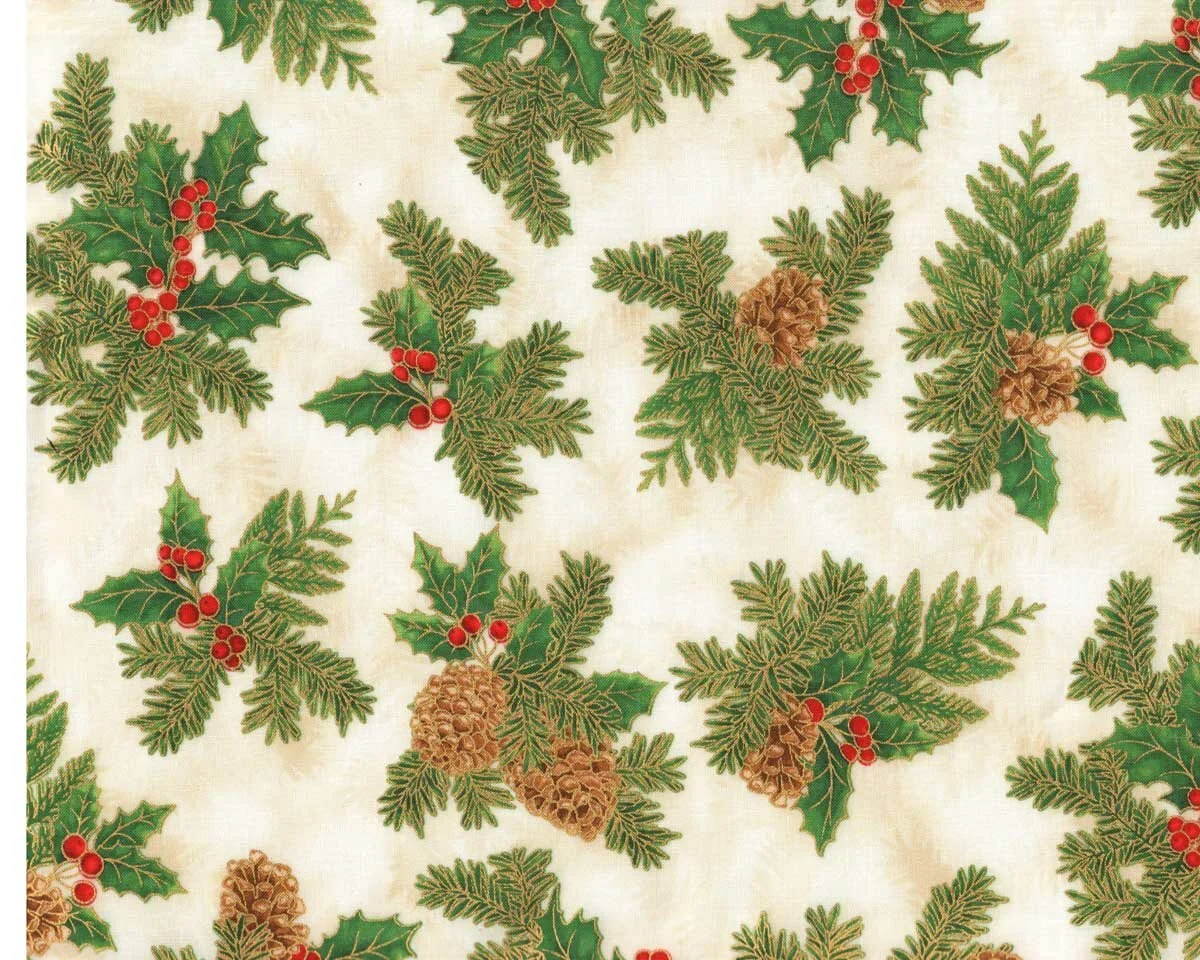 Metallic-Patchworkstoff HOLIDAY FLOURISH, Zapfen-Gesteck, wollweiß-gold, Robert Kaufman