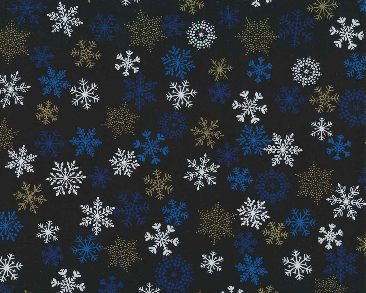 Metallic-Patchworkstoff HOLIDAY SPARKLE, Schneeflocken, schwarz, Benartex