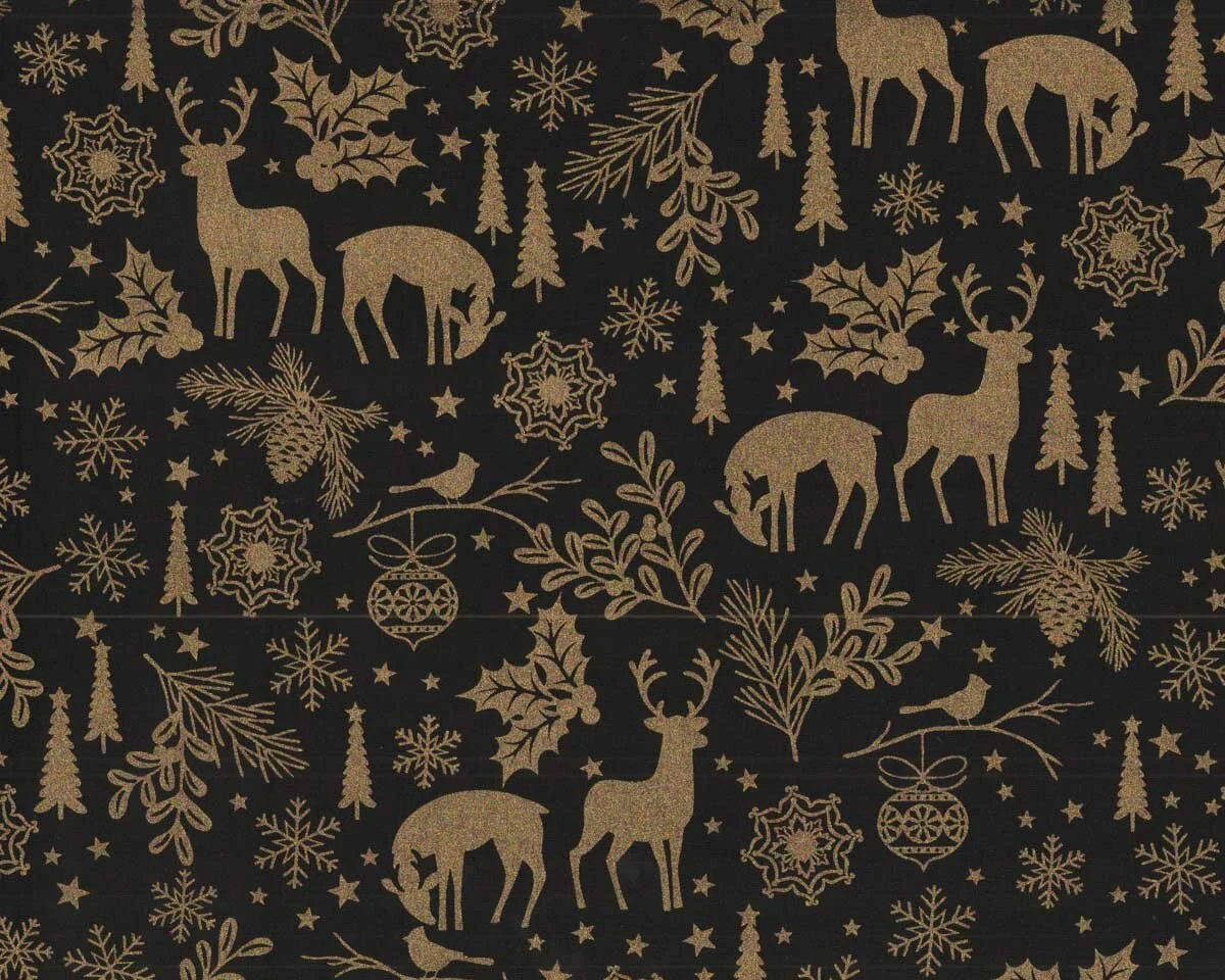 Metallic-Patchworkstoff HOLIDAY SPARKLE, Wald-Weihnacht, schwarz-gold, Benartex