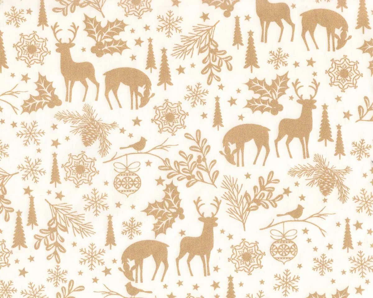 Metallic-Patchworkstoff HOLIDAY SPARKLE, Wald-Weihnacht, weiß-gold, Benartex