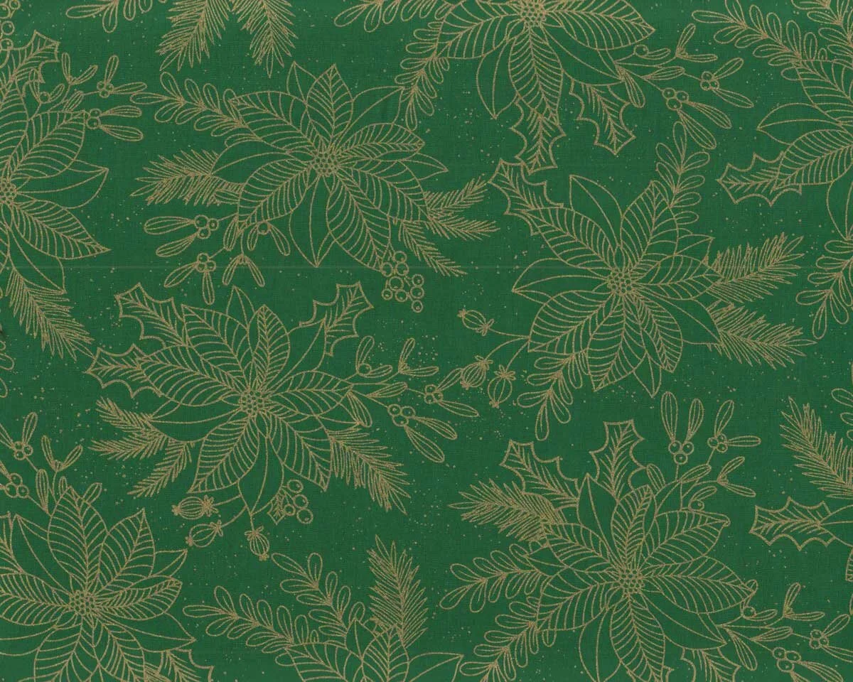 Metallic-Patchworkstoff HOLIDAY SPARKLE, Weihnachtstern, grün-gold, Benartex