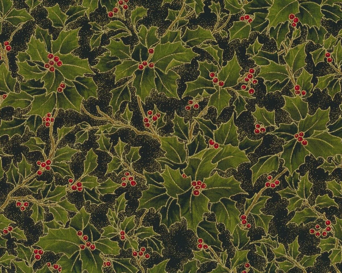 Metallic-Patchworkstoff HOLLY NIGHT METALLIC, Ilex, moosgrün-schwarz-gold, Moda Fabrics