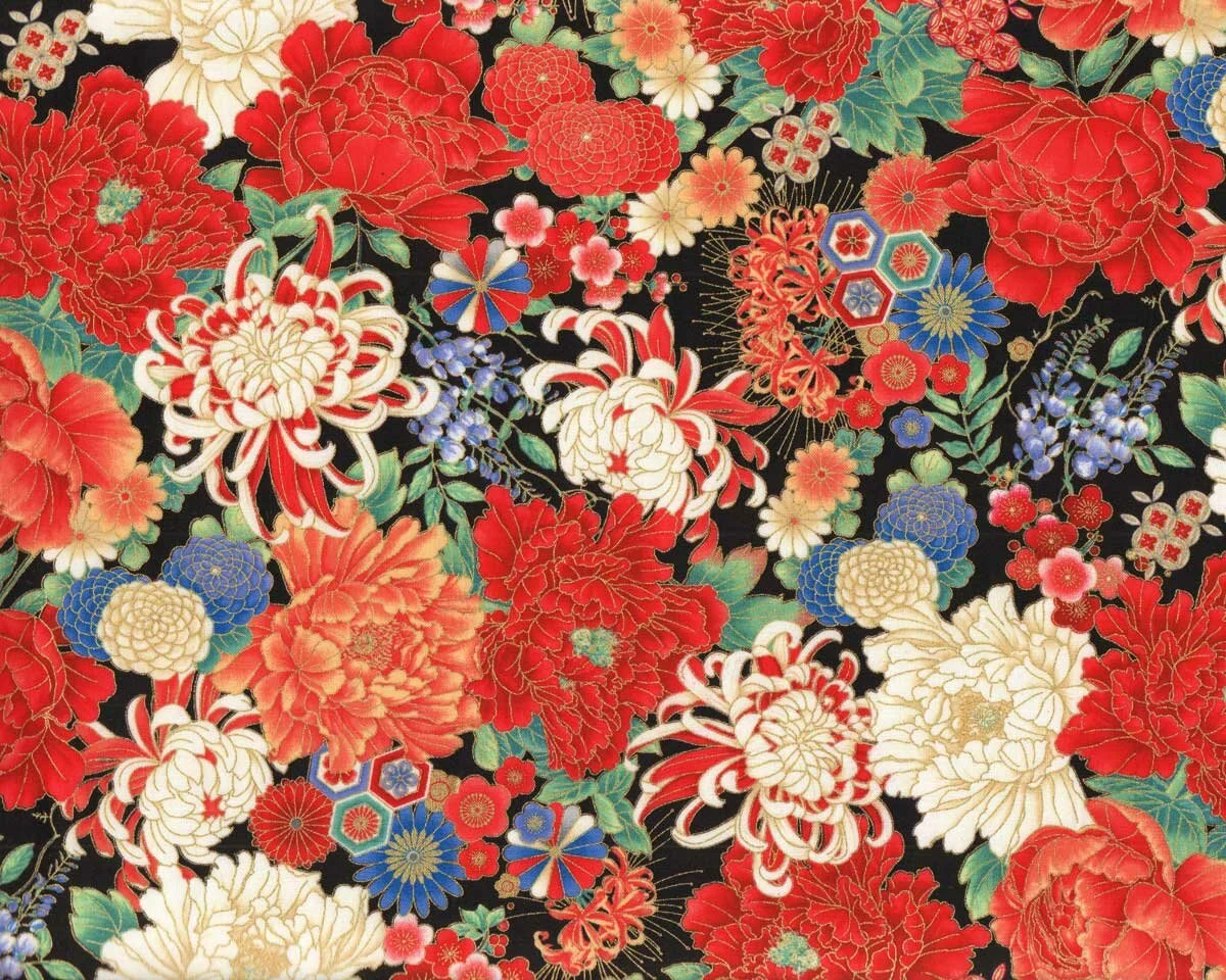 Metallic-Patchworkstoff KOKO, japanische Blüten, Timeless Treasures