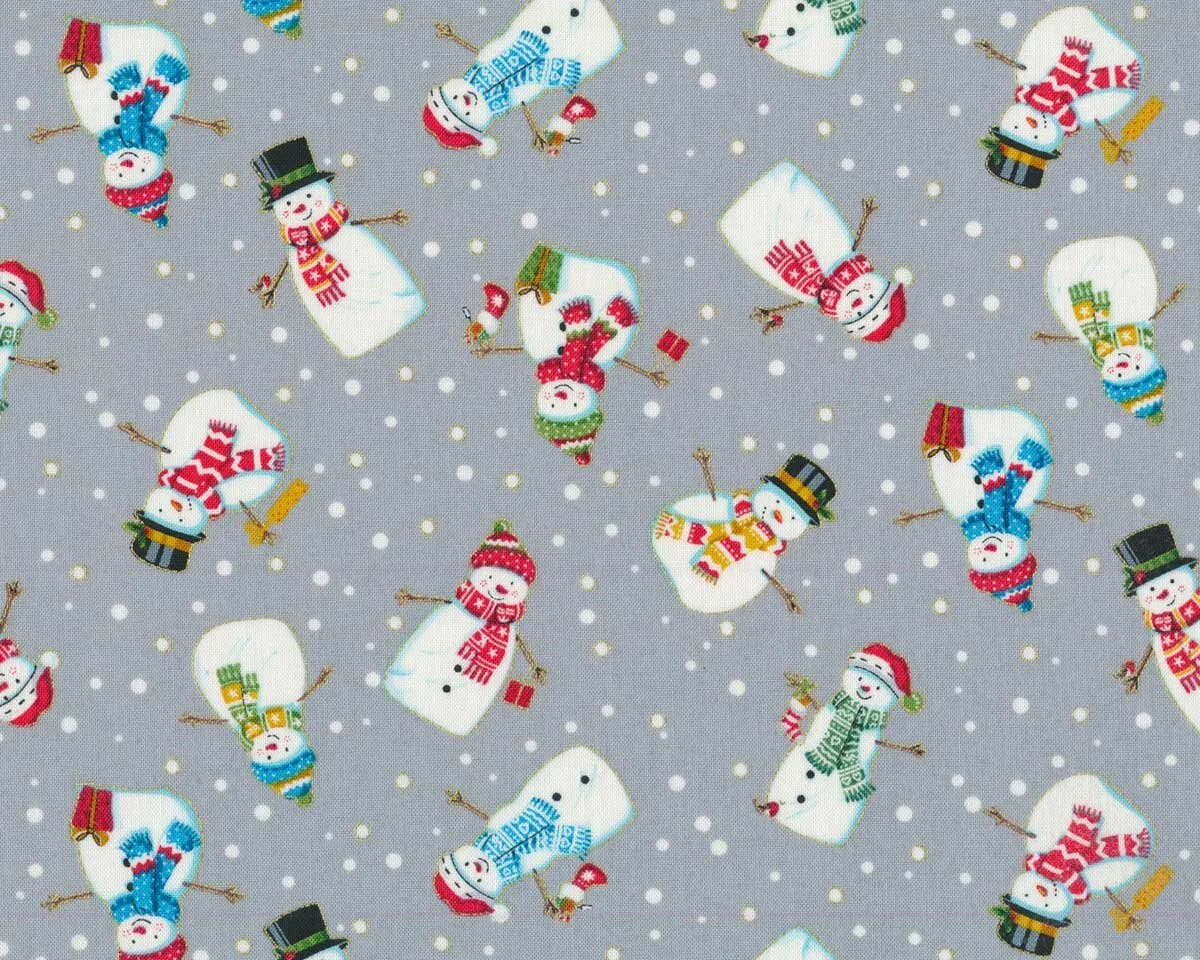 Metallic-Patchworkstoff MERRY CHRISTMAS, Schneemänner, grau, Hilco