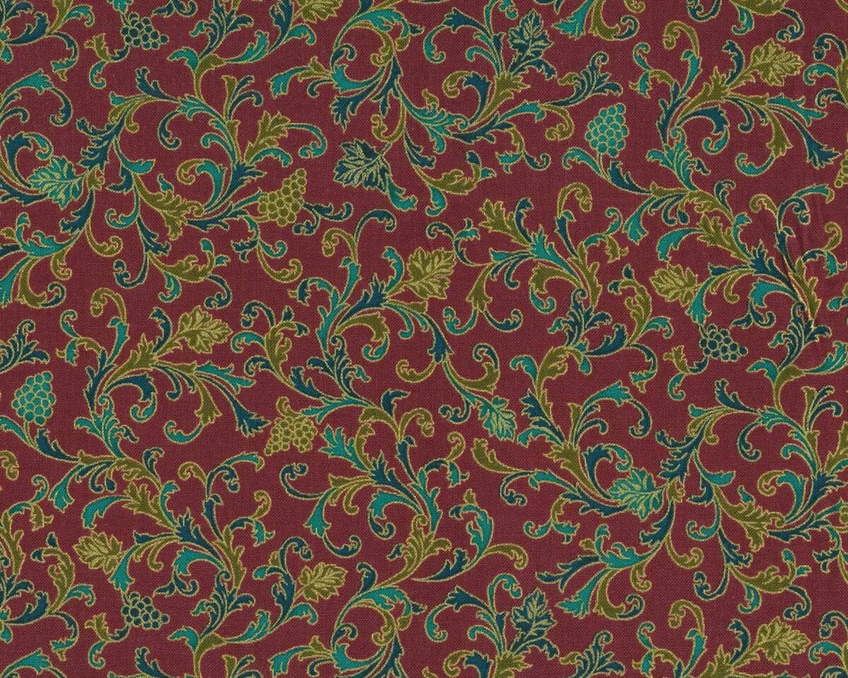 Metallic-Patchworkstoff NATURE'S HARVEST, Blattranken, weinrot-gold, Robert Kaufmann
