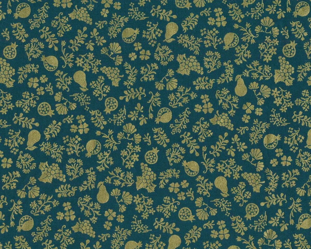 Metallic-Patchworkstoff NATURE'S HARVEST, Früchte, petrol-gold, Robert Kaufmann