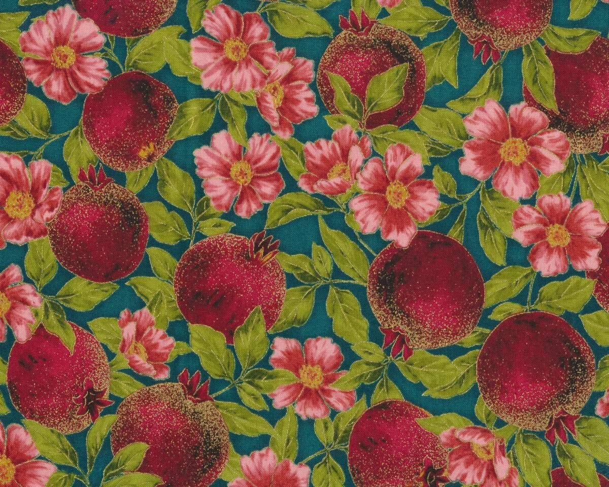 Metallic-Patchworkstoff NATURE'S HARVEST, Granatapfel, petrol-gold, Robert Kaufmann