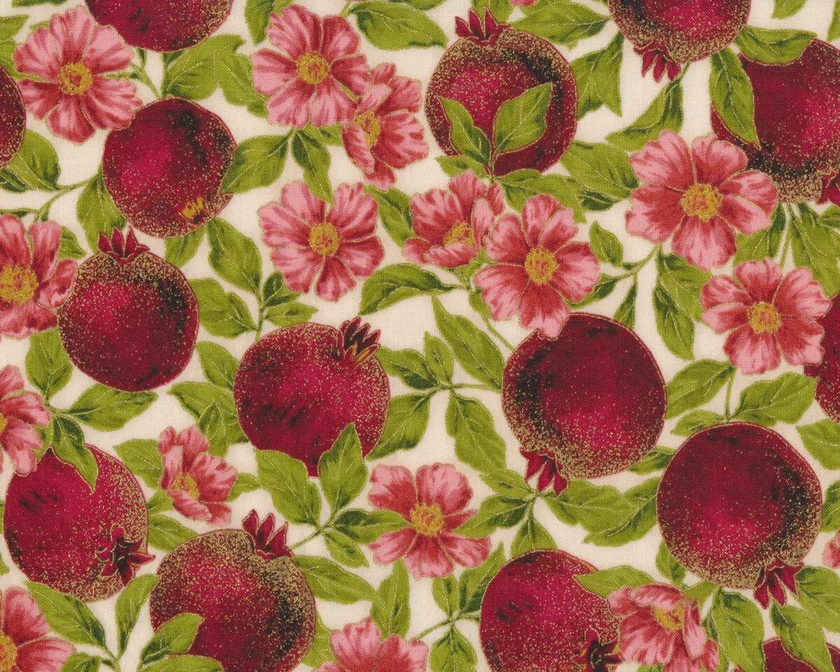 Metallic-Patchworkstoff NATURE'S HARVEST, Granatapfel, weiß-gold, Robert Kaufmann