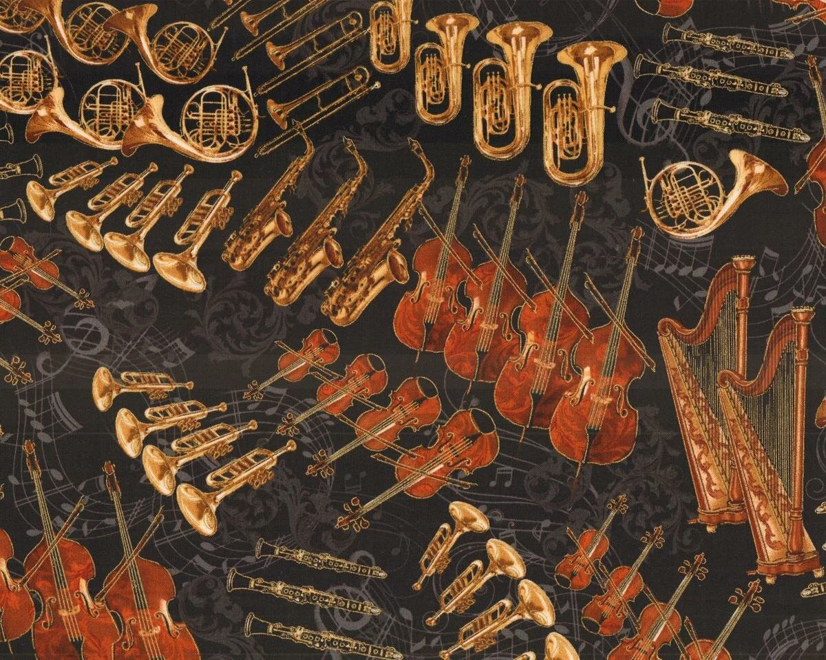 Metallic-Patchworkstoff NIGHT AT THE OPERA, Musikinstrumente, schwarz-gold metallic