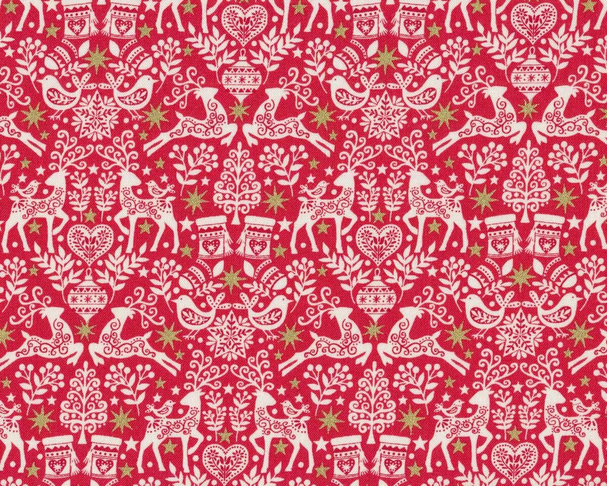 Metallic-Patchworkstoff SCANDI 22, Reh-Ornamente, rot, Hilco