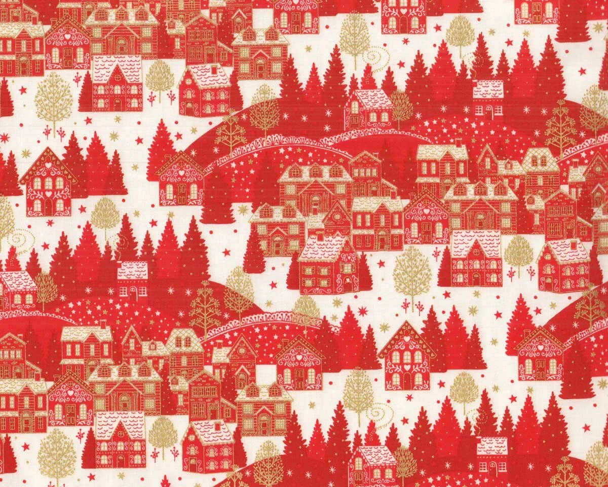 Metallic-Patchworkstoff SCANDI 22, Winterdorf, rot, Hilco