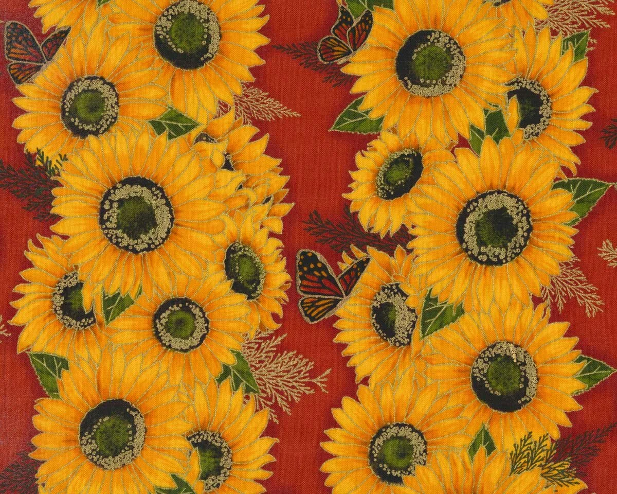 Metallic-Patchworkstoff SHADES OF THE SEASON 12, Sonnenblumen-Streifen, rot-gold, Robert Kaufmann