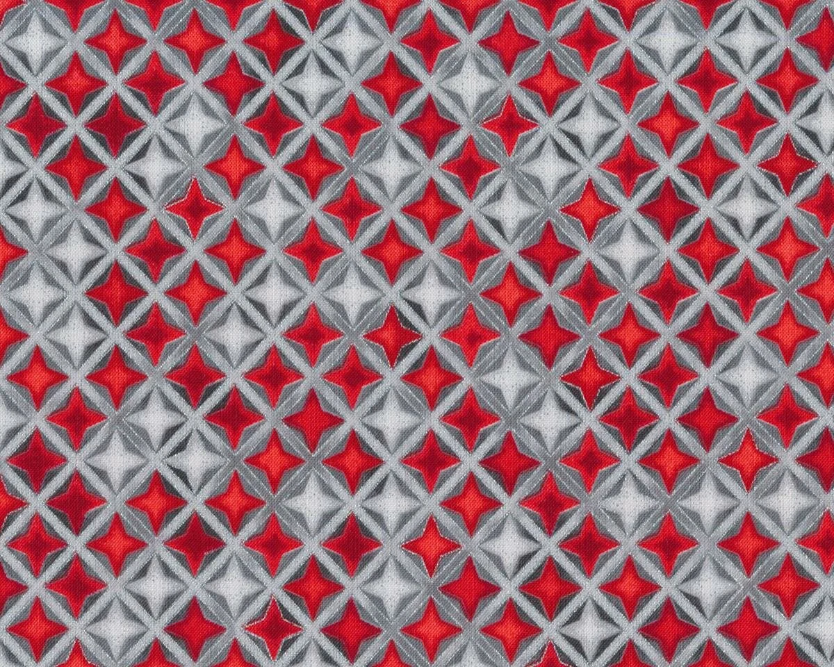 Metallic-Patchworkstoff WINTER'S GRANDEUR, Stern-Rauten, rot-grau-silber metallic