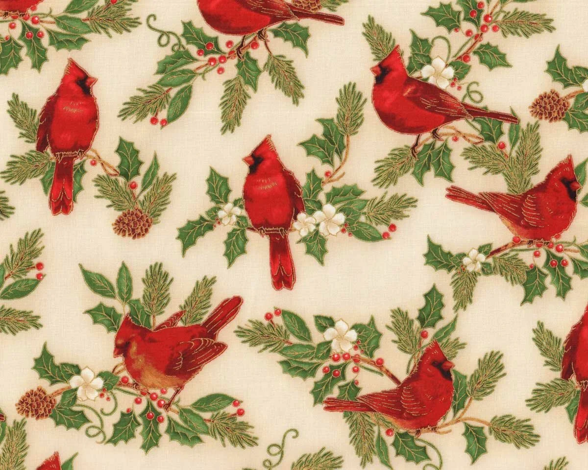 Metallic-Patchworkstoff WINTER'S GRANDEUR, Vögel, creme-gold, Robert Kaufman