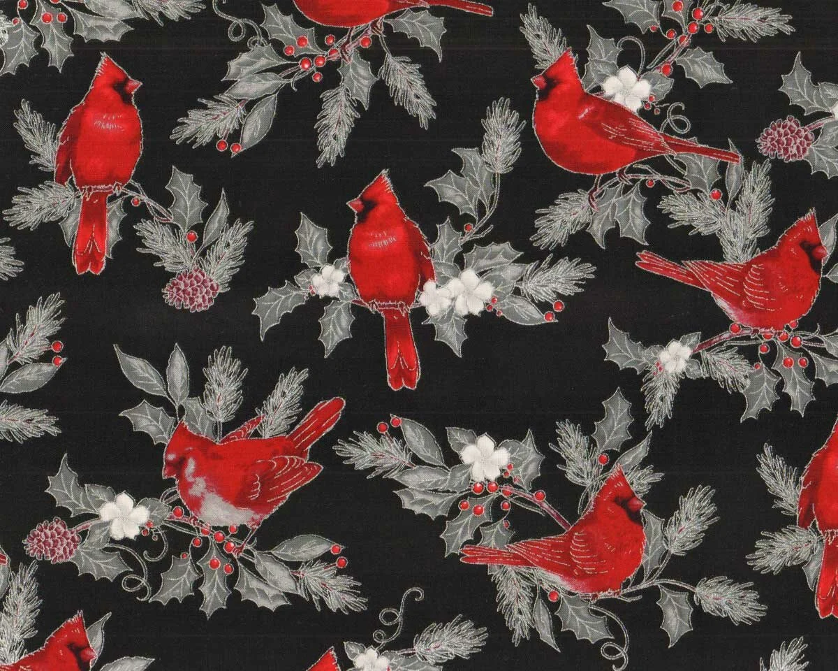 Metallic-Patchworkstoff WINTER'S GRANDEUR, Vögel, schwarz-silber, Robert Kaufman