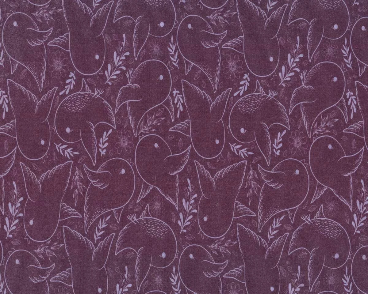 Modalsweatstoff PHIL, Vögel, aubergine