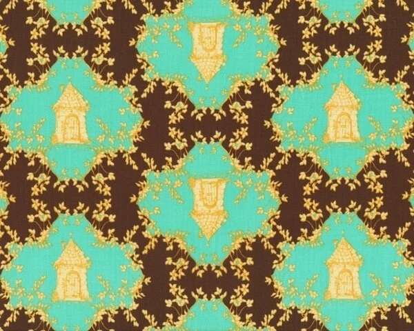 Patchworkserie "Opal Owl" mit Turmhäuschen und Ranken-Raute, braun-türkis