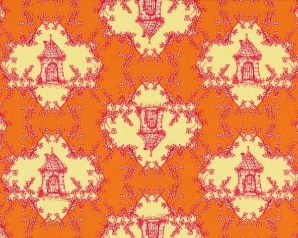 Patchworkserie "Opal Owl" mit Turmhäuschen und Ranken-Raute, orange-cremé