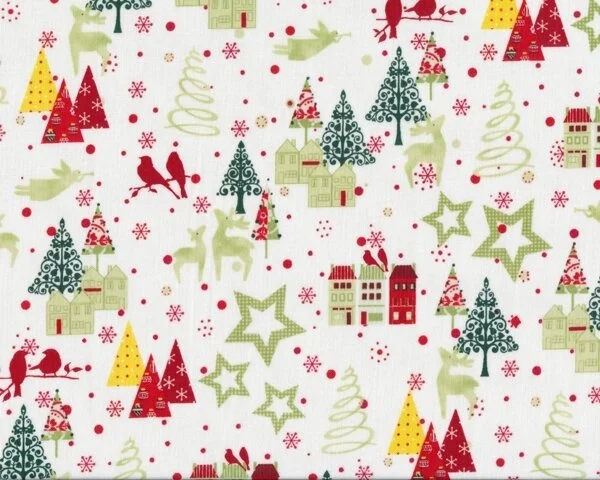 Patchworkstoff "A Christmas Story" mit kleinen Tannenbäumen und Häusern, hellgrün-rot