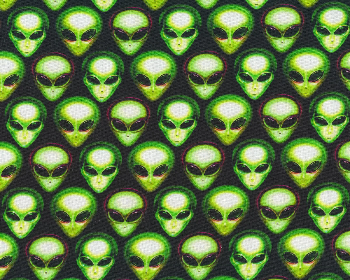 Patchworkstoff AREA 51, kleine Aliens, schwarz-neongrün, Robert Kaufman