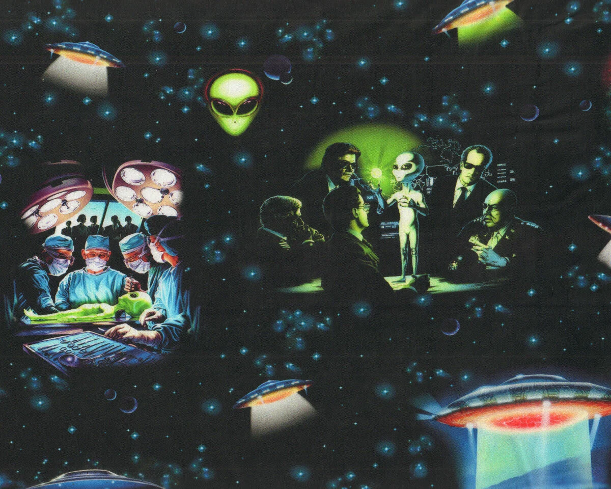 Patchworkstoff AREA 51, UFOs mit Aliens, schwarz, Robert Kaufman