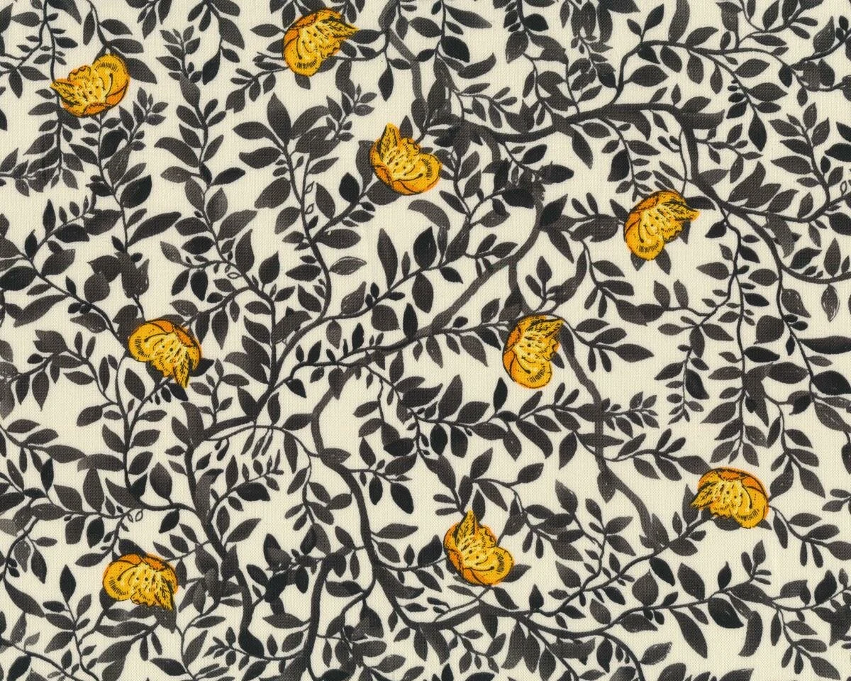 Patchworkstoff BAROQUE GARDEN, Blattranken mit Blüten, gebrochenes weiß-schwarz