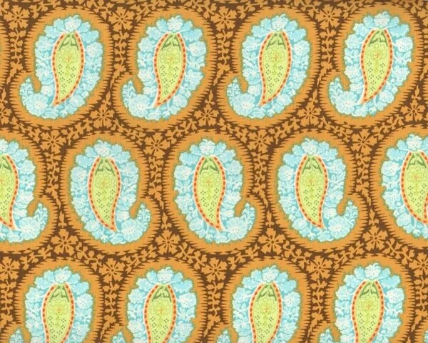 Patchworkstoff BELLE HENNA, Paisley-Muster, goldbraun-hellgrün-türkis