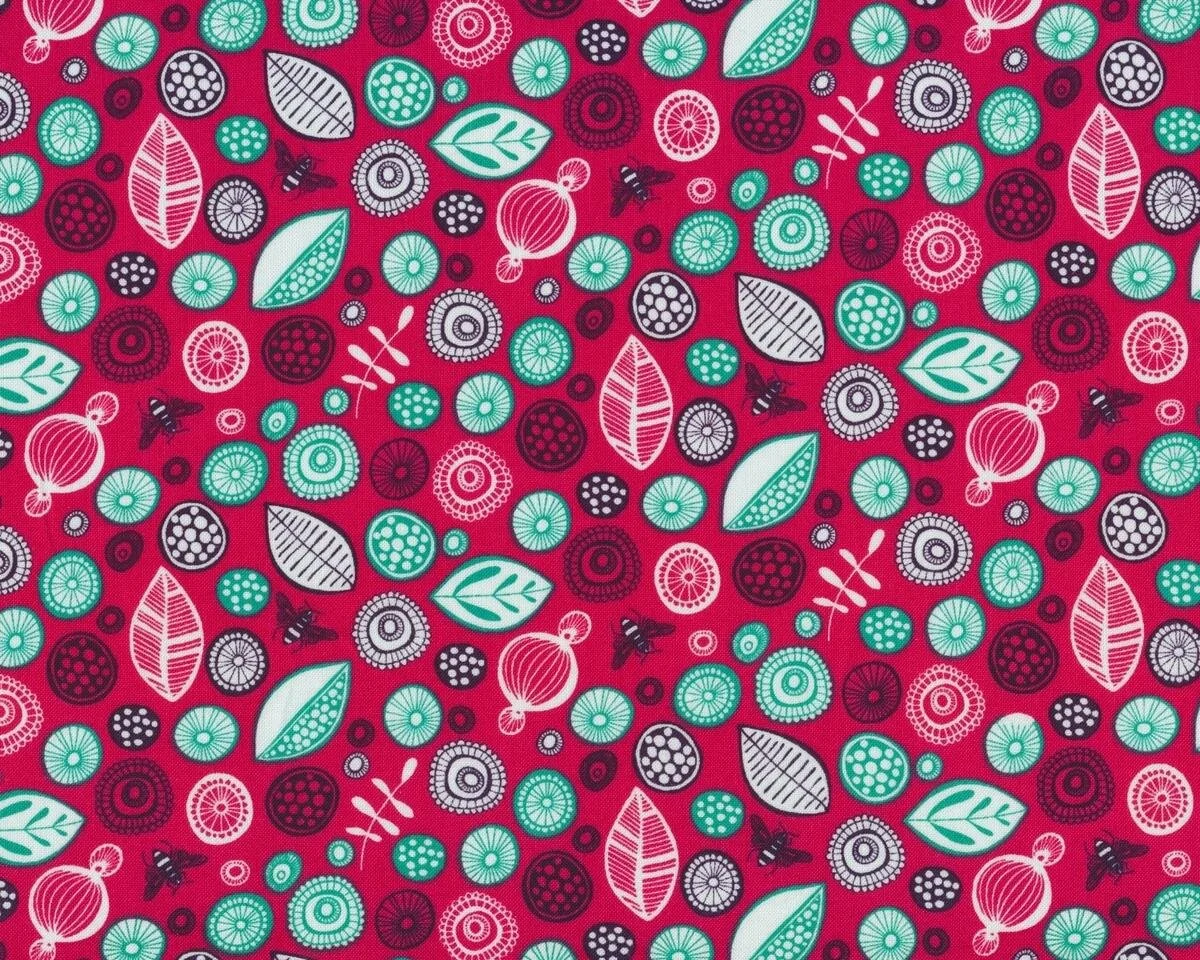 Patchworkstoff BEYOND THE BACKYARD, Blüten, Blätter und Bienen, fuchsia-türkisgrün