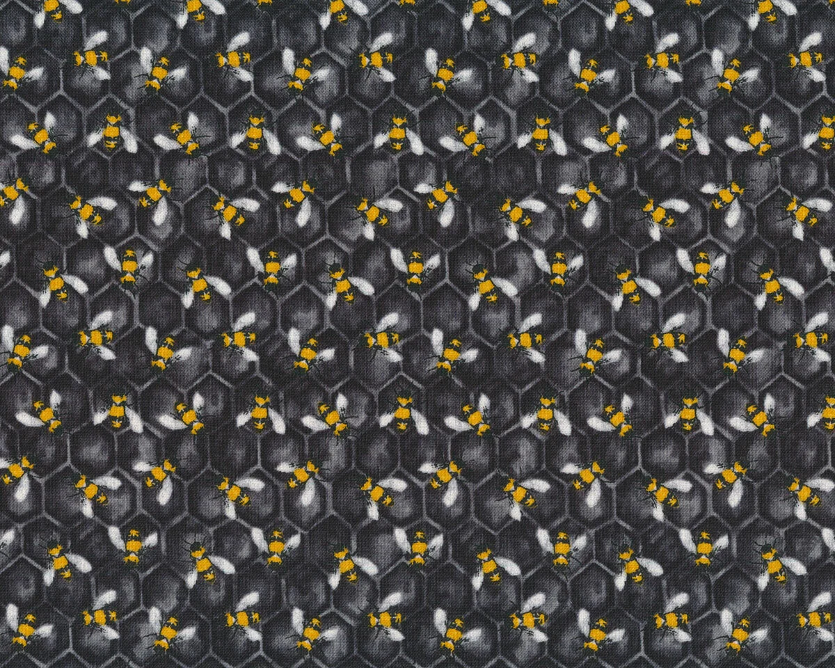 Patchworkstoff Bienenwaben mit Honigbiene, schwarz