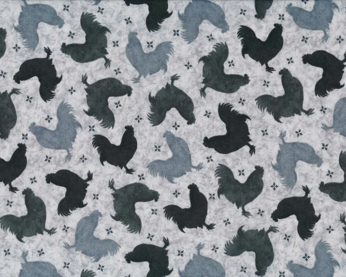 Patchworkstoff BONJOUR, Hähne, grau-anthrazit