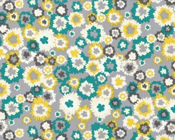 Patchworkstoff "Bryant Park" mit großen Streublüten, petrol-gelb