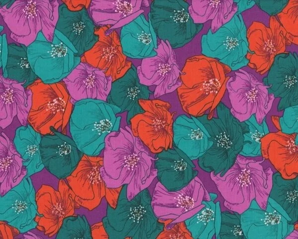 Patchworkstoff "Bryant Park" mit Mohnblüten, lila-rot-petrol