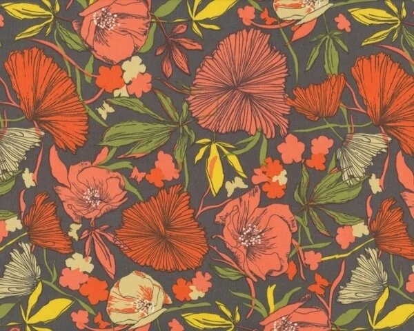 Patchworkstoff "Bryant Park" mit Mohnblumen und Astern, lachsrot