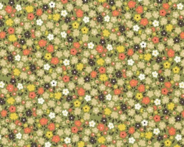 Patchworkstoff "Bryant Park" mit Streublümchen, limette dunkel-lachsrot