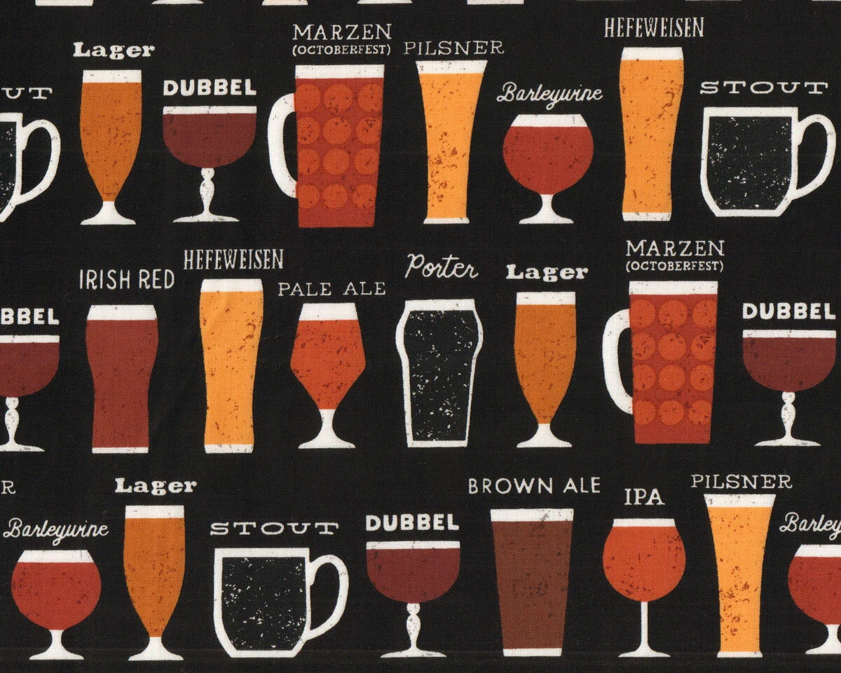 Patchworkstoff CHEERS, Biersorten, schwarz-braun, Robert Kaufman