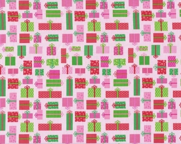 Patchworkstoff "Christmas Candy" mit vielen kleinen Geschenken, rosa-grün-rot