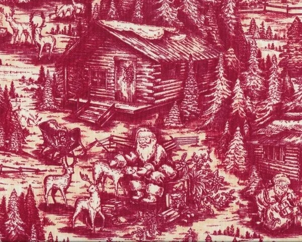 Patchworkstoff CHRISTMAS IN THE WOODS mit Weihnachtsmann und Blockhütte, weinrot-hellbeige
