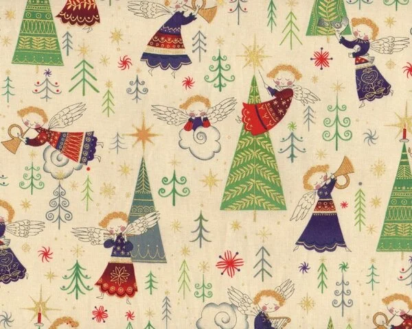 Patchworkstoff CHRISTMAS TIME mit süßen kleinen Engeln, hellbeige-grün-lila-gold metallic