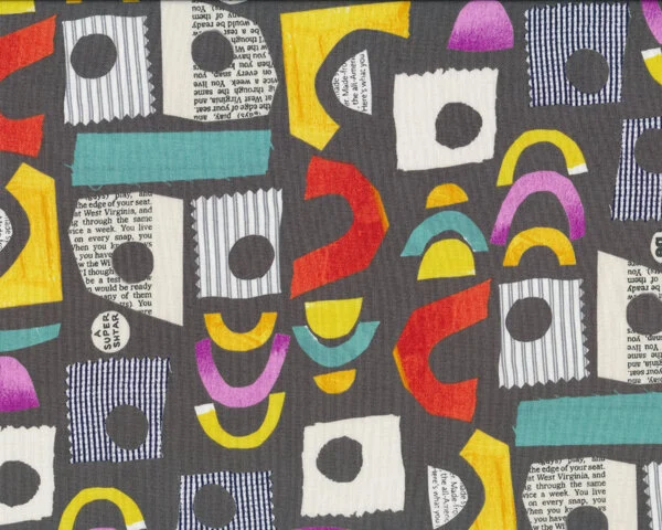 Patchworkstoff COLLAGE mit bunten Papier- und Stoff-Schnippseln, gelb-türkisgrün-steingrau
