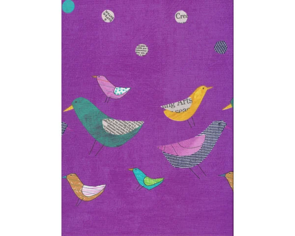 Patchworkstoff COLLAGE mit Punkten und Vögeln als einseitige Randbordüre, lila meliert