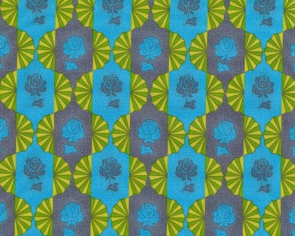 Patchworkstoff DOWRY, Rosen in Lampion-Streifen, blaugrau-türkisblau