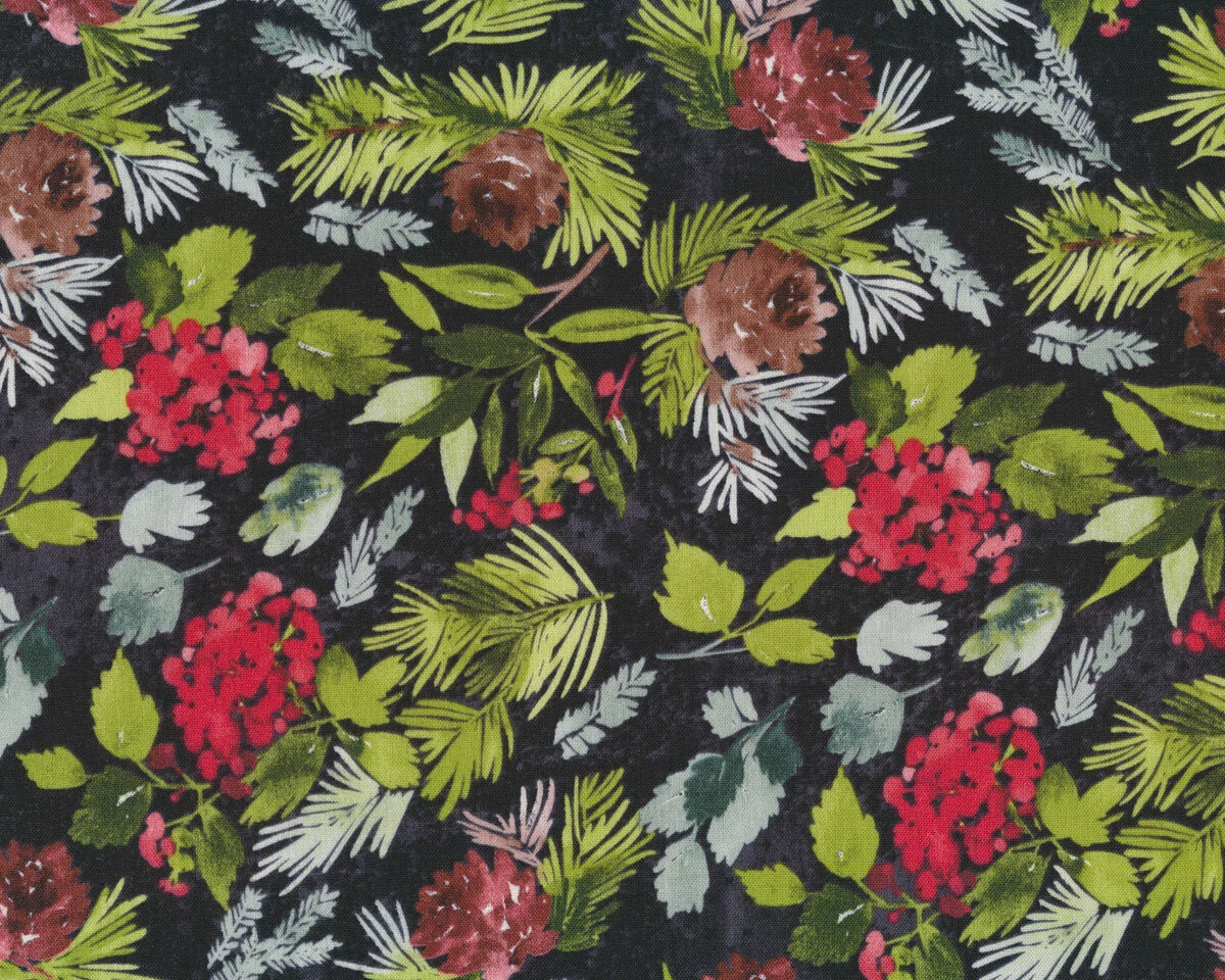 Patchworkstoff ECLECTIC ELEMENTS Christmastime, Tannengrün mit Beeren, Tim Holtz