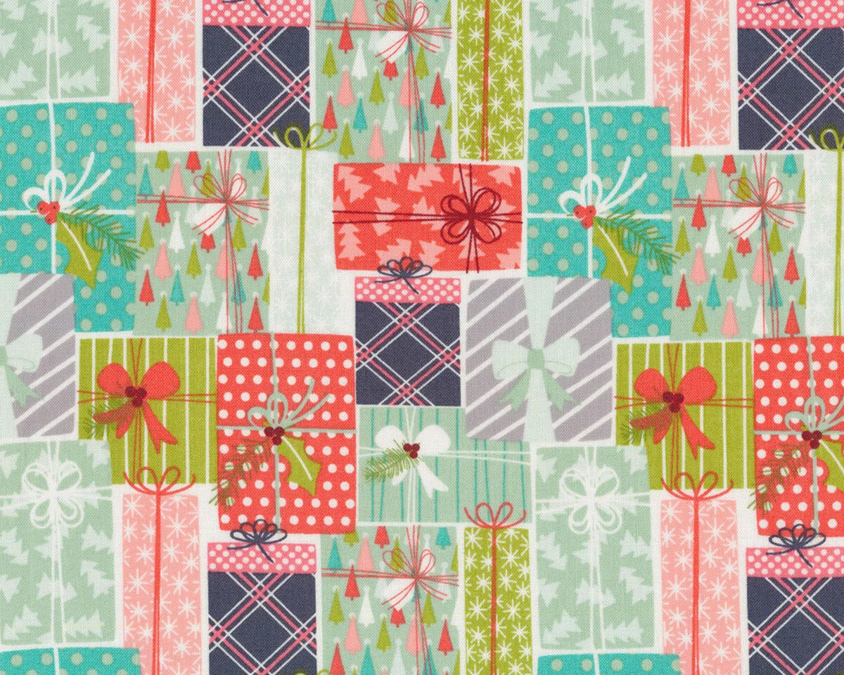 Patchworkstoff FA LA LA, Geschenke, hellrot-mint, Maude Asbury