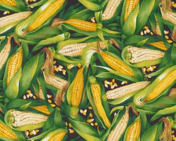 Patchworkstoff "Farmer John's Garden" mit Maiskolben, grün-goldgelb