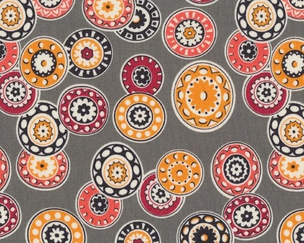 Patchworkstoff FLORENCE mit Ornament-Blüten-Kreisen, gedecktes orange-steingrau