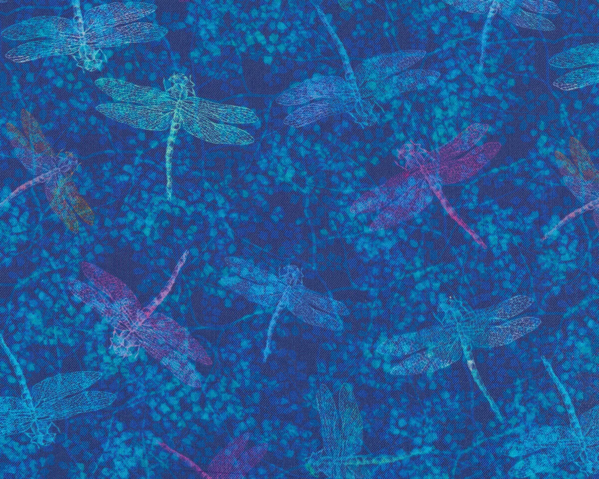 Patchworkstoff FLOWERS IN THE WIND, Libellen, royalblau