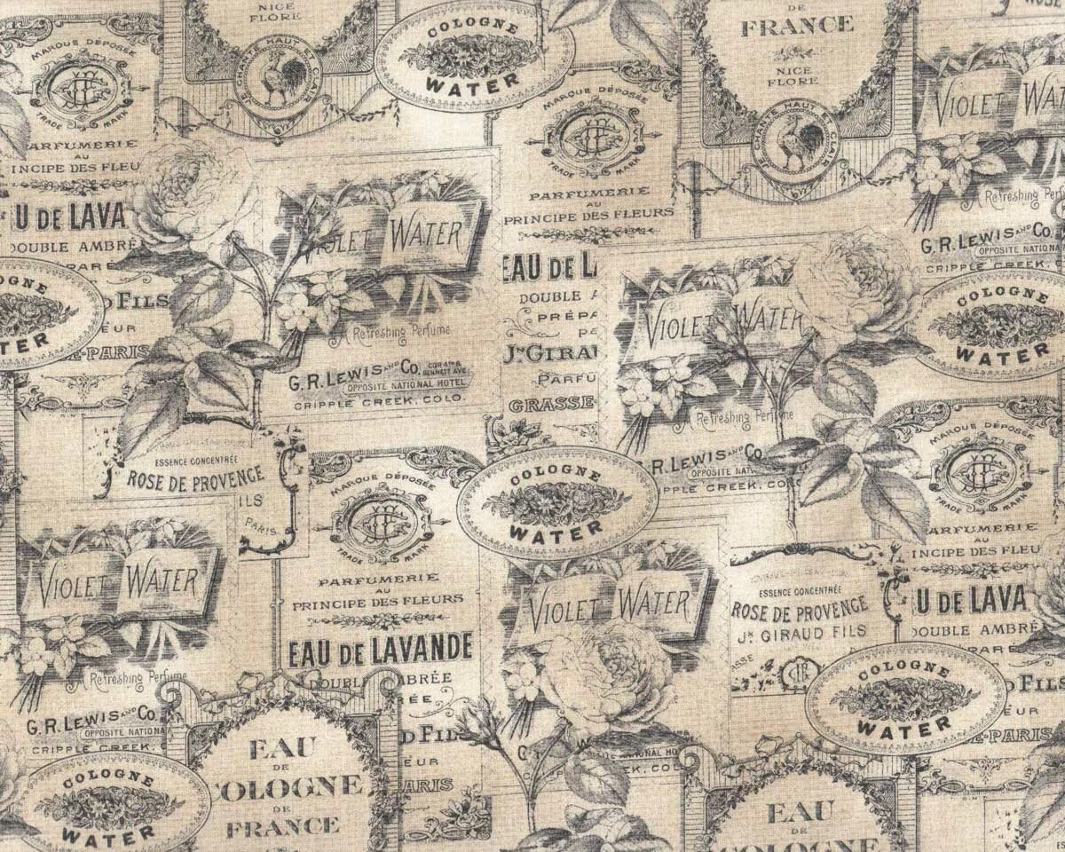 Patchworkstoff FRAGRANT ROSES, Parfüm-Label, beige-schwarz, Michael Miller