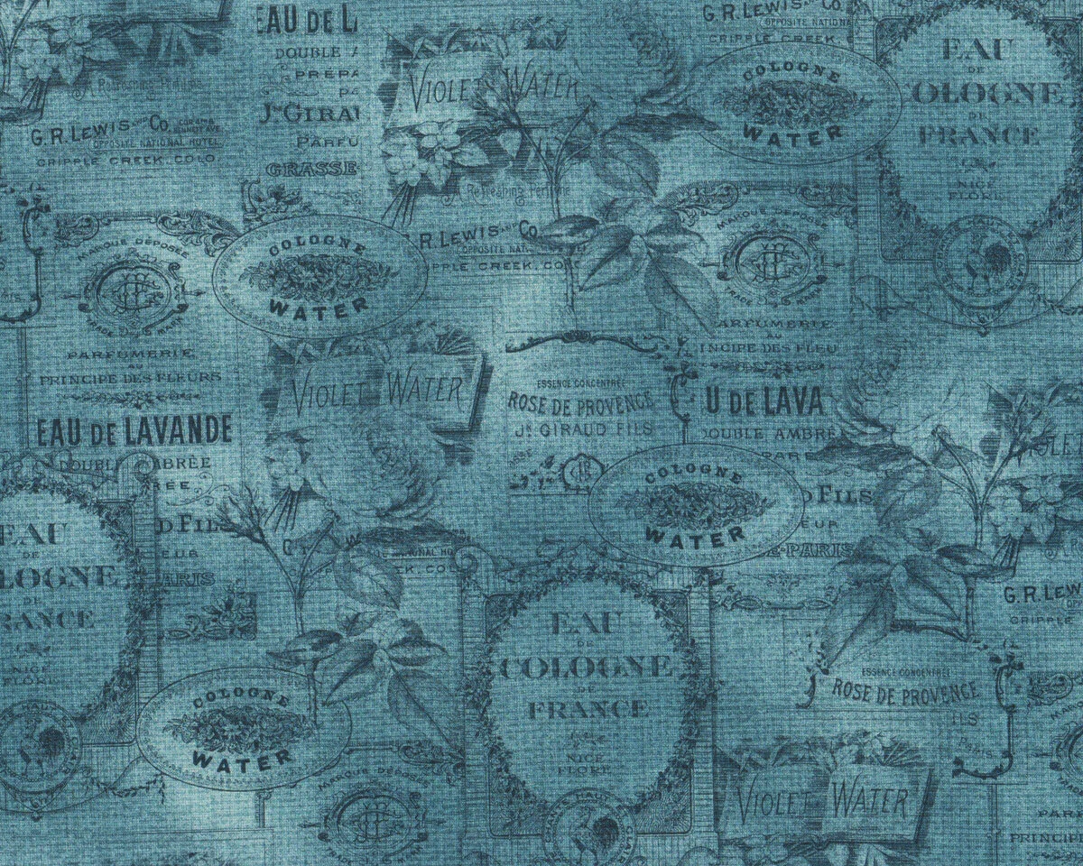 Patchworkstoff FRAGRANT ROSES, Parfüm-Label, jeansblau, Michael Miller